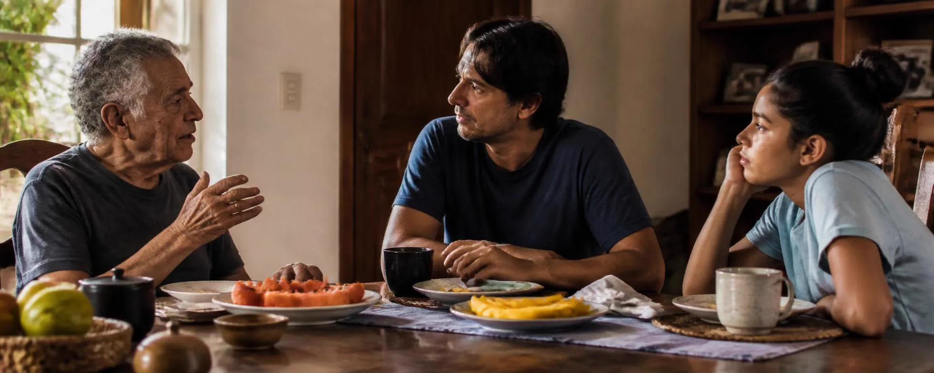 Três gerações de uma família brasileira conversando à mesa