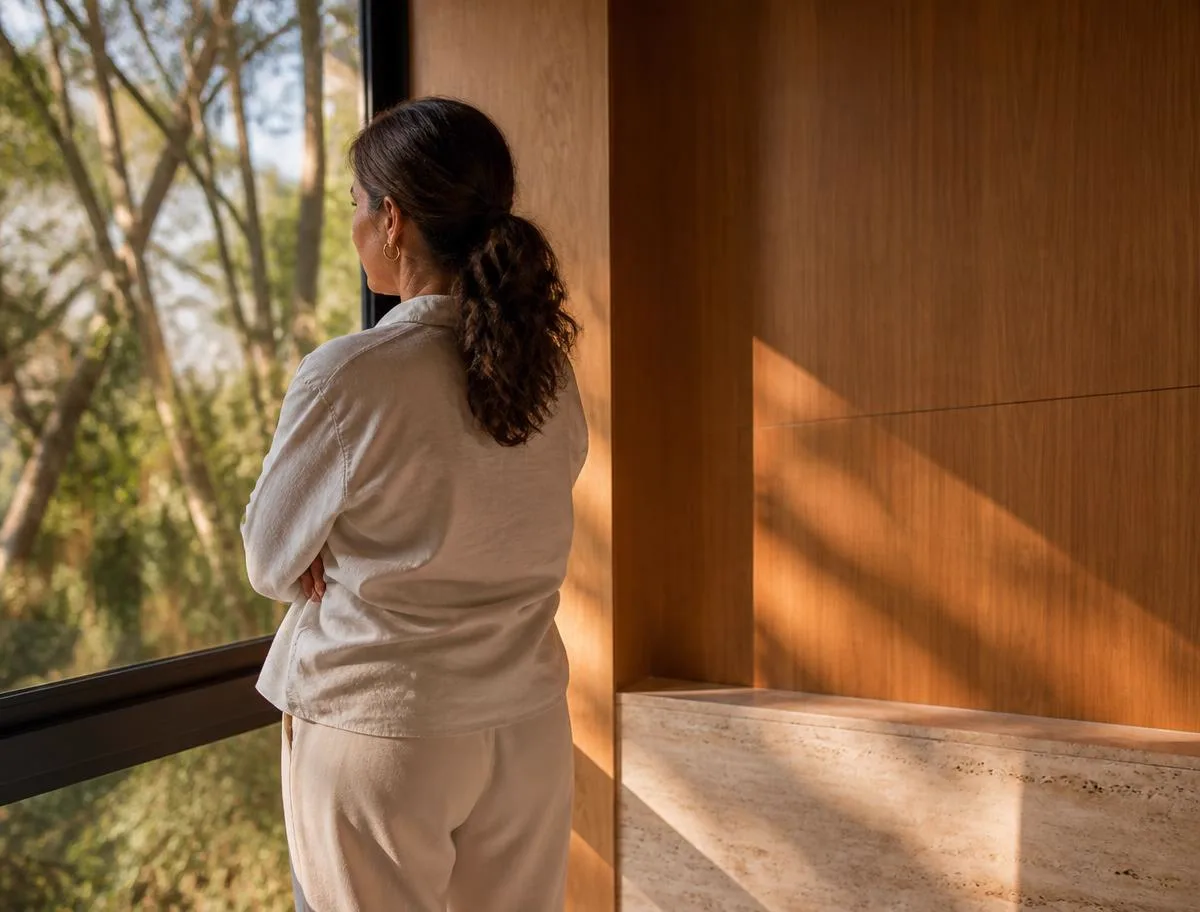 Mulher observando a paisagem pela janela de uma residência contemporânea