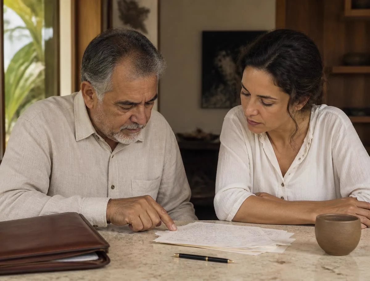 Pai e filha analisando documentos manuscritos sobre mesa de travertino